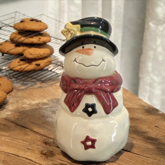 VINTAGE SNOWMAN COOKIE JAR -- White w/Red Bow, Black Top Hat w/Gold Bow, 2 PC - Picture 1 of 11